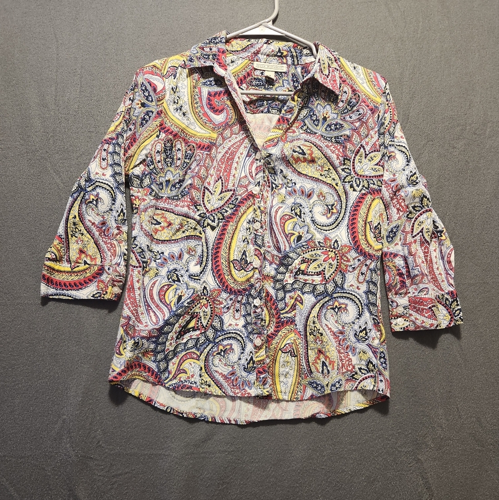 Dana Buchman Button Up Shirt Womens Size M Multicolor Paisley 3/4 Sleeve